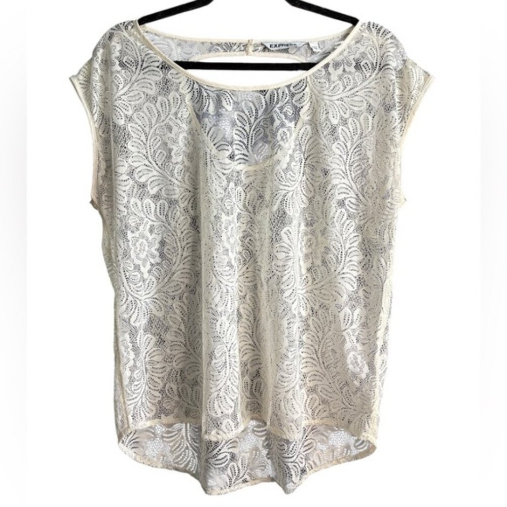 Express Cream Lace Cap Sleeve Boxy Blouse